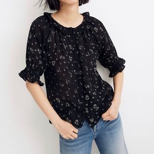 Madewell Ruffle Collar Puff-Sleeve Navy Tintype Floral Print Blouse Size XXS